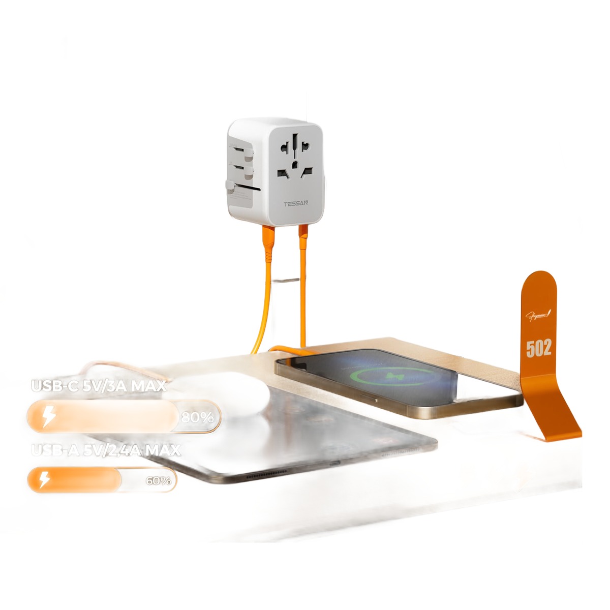 Adaptateur prise anglaise et mondial avec ports USB Adaptateur prise anglaise et mondial avec ports USB, vue de trois quarts