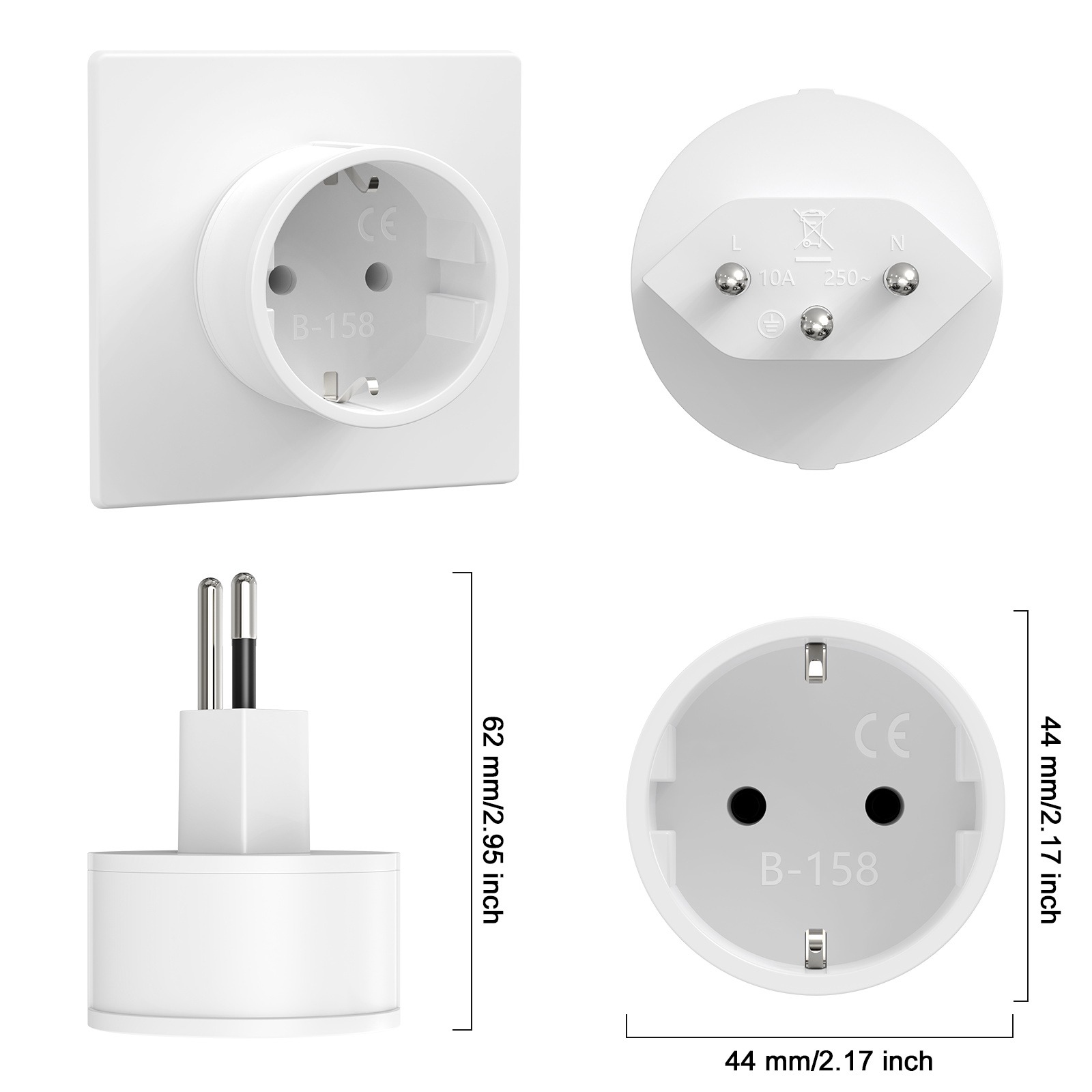 Adaptateur prise suisse pour fiche Schuko avec terre, lot de trois Adaptateur prise suisse pour fiche Schuko avec terre, lot de trois, vue de trois quarts