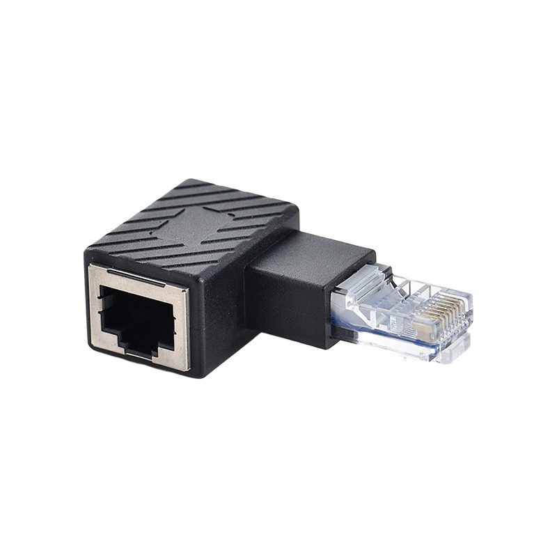 Adaptateur RJ45 coudé à 90 degrés, mâle vers femelle Adaptateur RJ45 coudé à 90 degrés, mâle vers femelle, vue de trois quarts