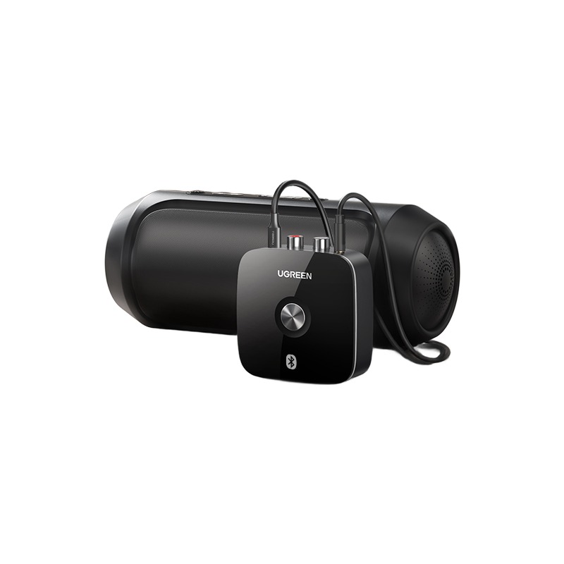 Adaptateur USB Bluetooth avec sorties RCA et jack Adaptateur USB Bluetooth avec sorties RCA et jack, vue de trois quarts