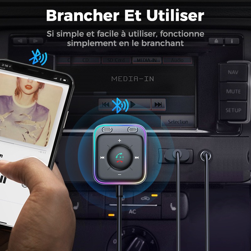 Adaptateur USB Bluetooth pour voiture, micro et prise 3,5 mm Adaptateur USB Bluetooth pour voiture, micro et prise 3,5 mm, vue de face
