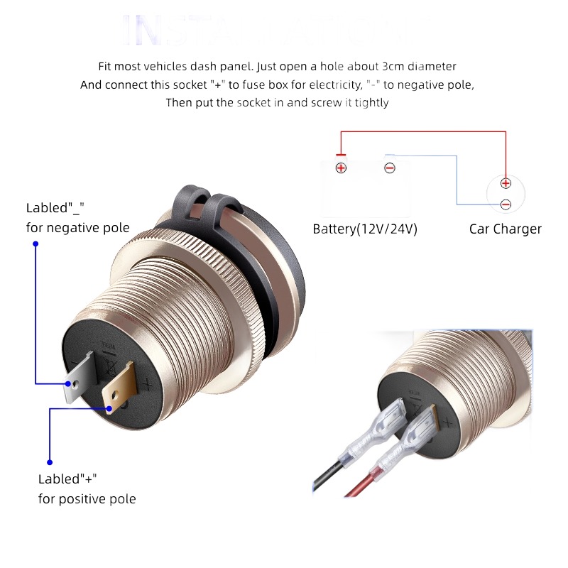Adaptateur USB-C 12 V pour voiture avec voltmètre, prise à encastrer Adaptateur USB-C 12 V pour voiture avec voltmètre, prise à encastrer, vue de profil