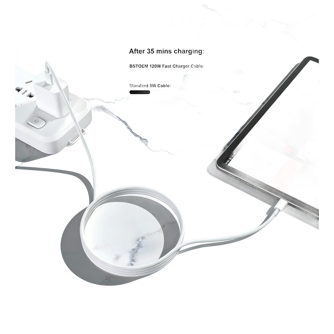 Adaptateur USB-C 120 W, lot de 10 câbles d’un mètre Adaptateur USB-C 120 W, lot de 10 câbles d'un mètre, vue de trois quarts