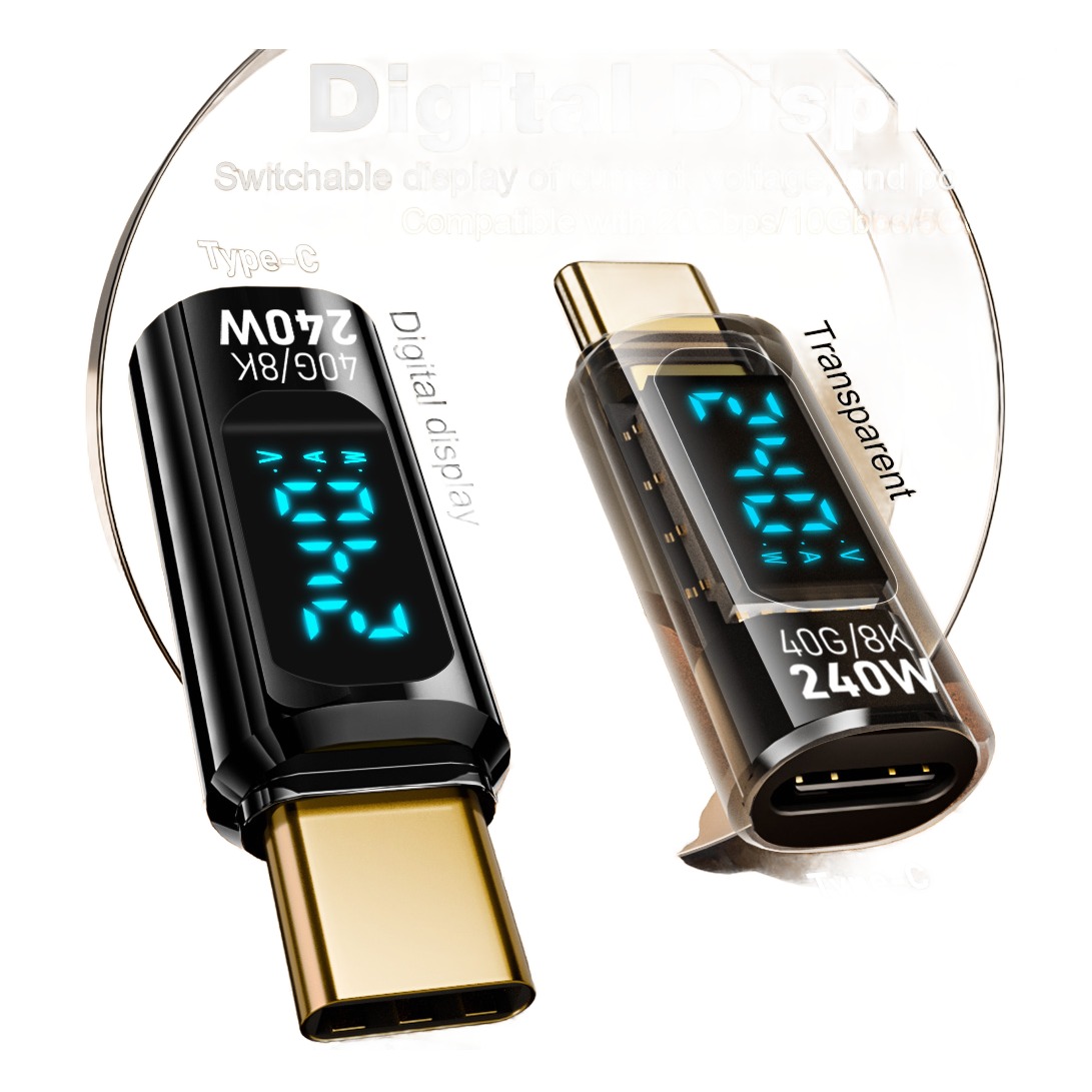 Adaptateur USB-C 40 Gbit avec afficheur de puissance Adaptateur USB-C 40 Gbit avec afficheur de puissance, vue de trois quarts
