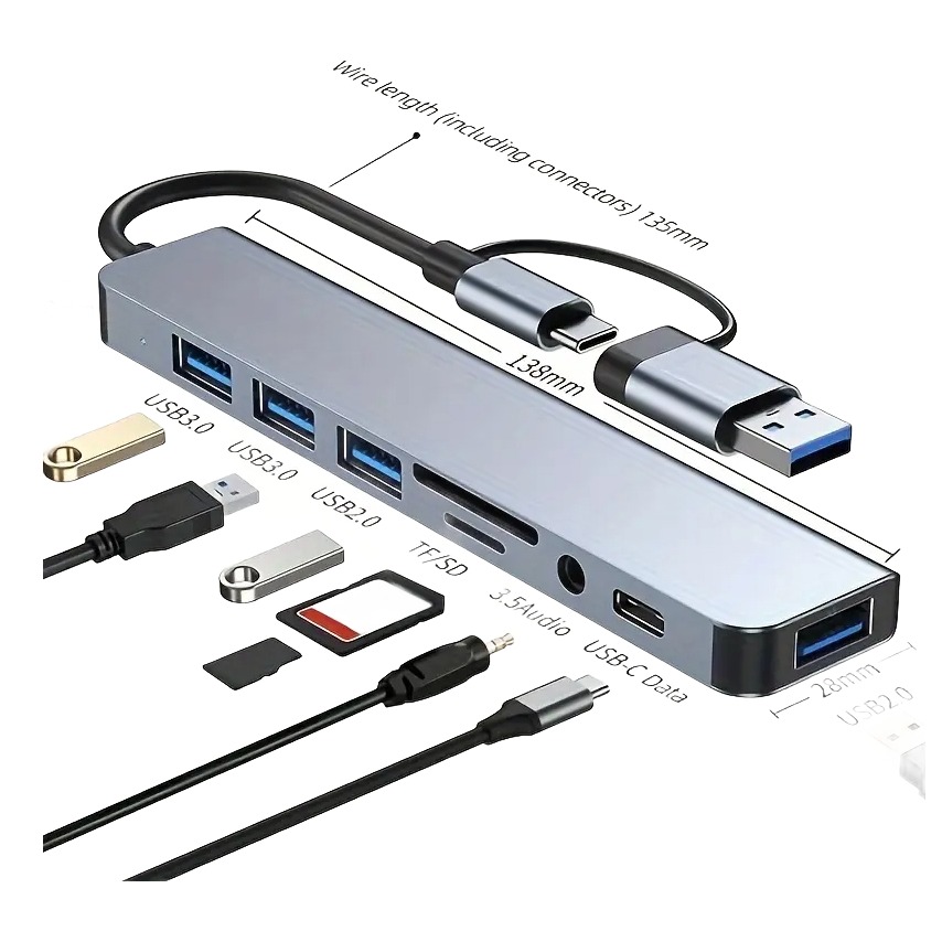 Adaptateur USB-C 8 en 1 avec deux ports USB 3.0 Adaptateur USB-C 8 en 1 avec deux ports USB 3.0, vue principale
