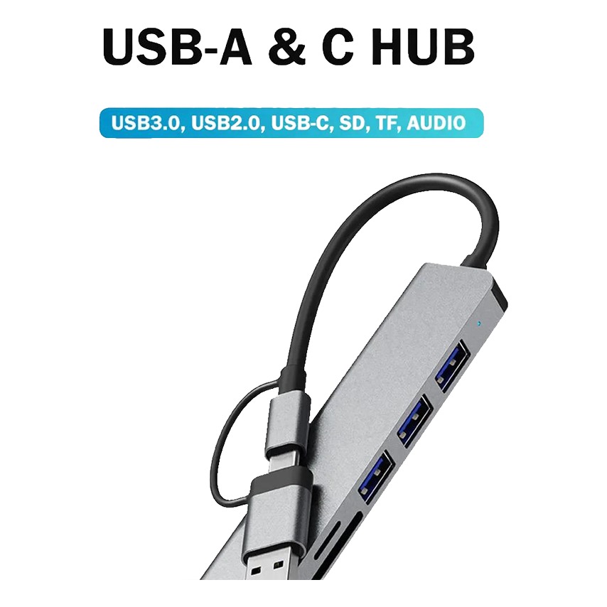 Adaptateur USB-C 8 en 1 avec deux ports USB 3.0 Adaptateur USB-C 8 en 1 avec deux ports USB 3.0, vue de face