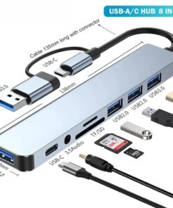 Adaptateur USB-C 8 en 1 avec lecteur de cartes, gris, vue principale