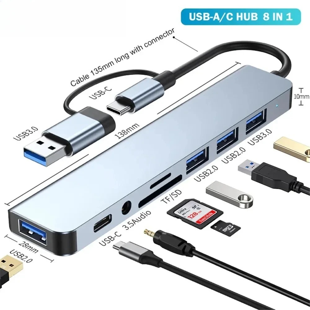 Adaptateur USB-C 8 en 1 avec lecteur de cartes, gris Adaptateur USB-C 8 en 1 avec lecteur de cartes, gris, vue principale