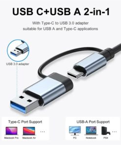 Adaptateur USB-C 8 en 1 avec lecteur de cartes, gris, vue de trois quarts