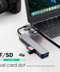 Adaptateur USB-C 8 en 1 avec lecteur de cartes, gris, vue de face