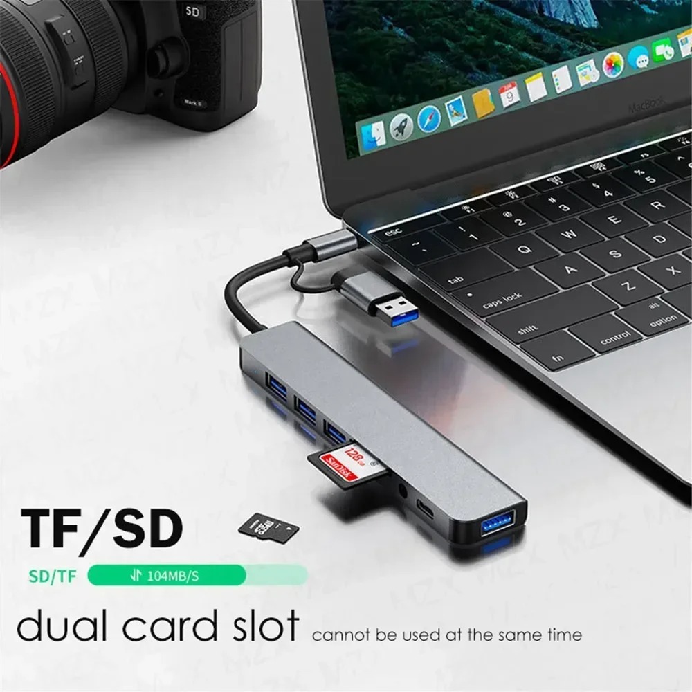 Adaptateur USB-C 8 en 1 avec lecteur de cartes, gris Adaptateur USB-C 8 en 1 avec lecteur de cartes, gris, vue de face