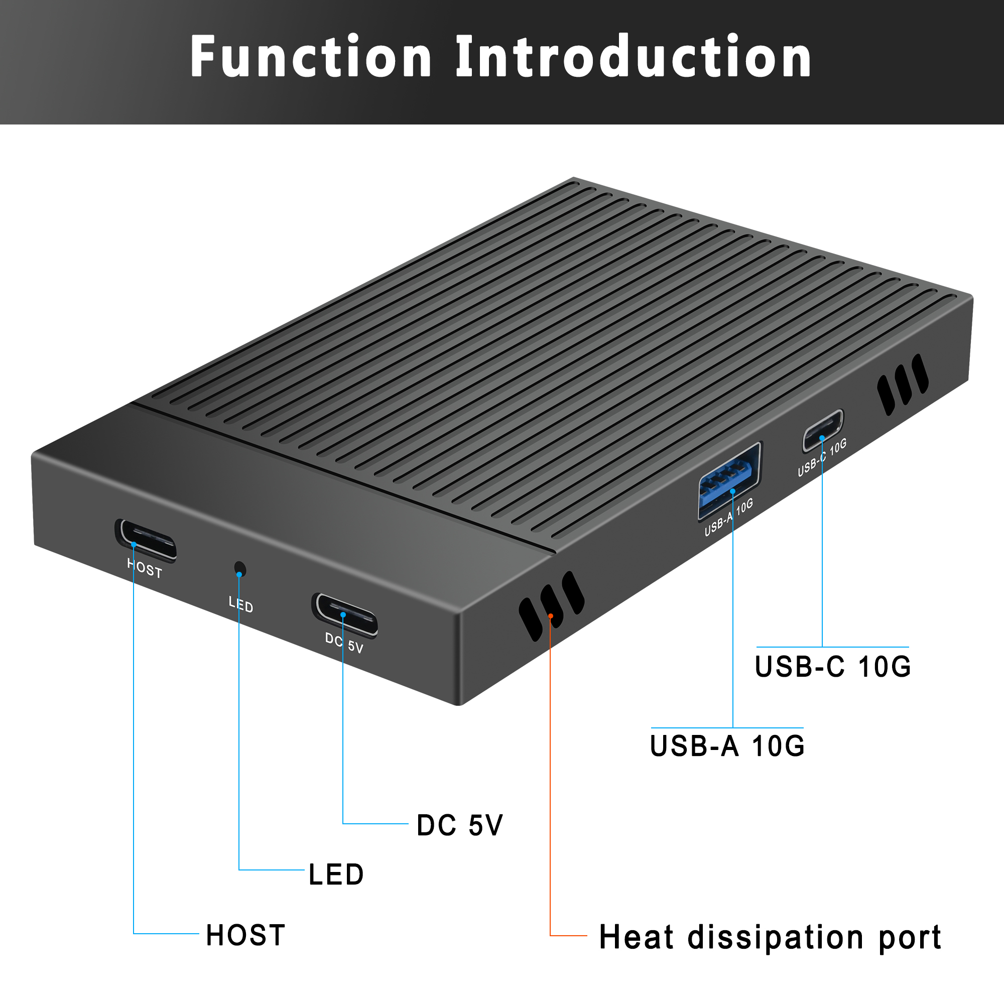Adaptateur USB-C à deux baies pour disques NVME Adaptateur USB-C à deux baies pour disques NVME, vue de trois quarts