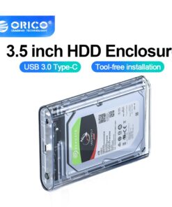Adaptateur USB-C boitier transparent pour disque SATA, vue de trois quarts