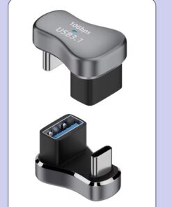 Adaptateur USB-C coudé 180° Mâle vers Femelle 20Gbps 140W, vue de trois quarts