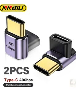 Adaptateur USB-C coudé 90 degrés, lot de deux, 40 Gbit/s, vue de trois quarts