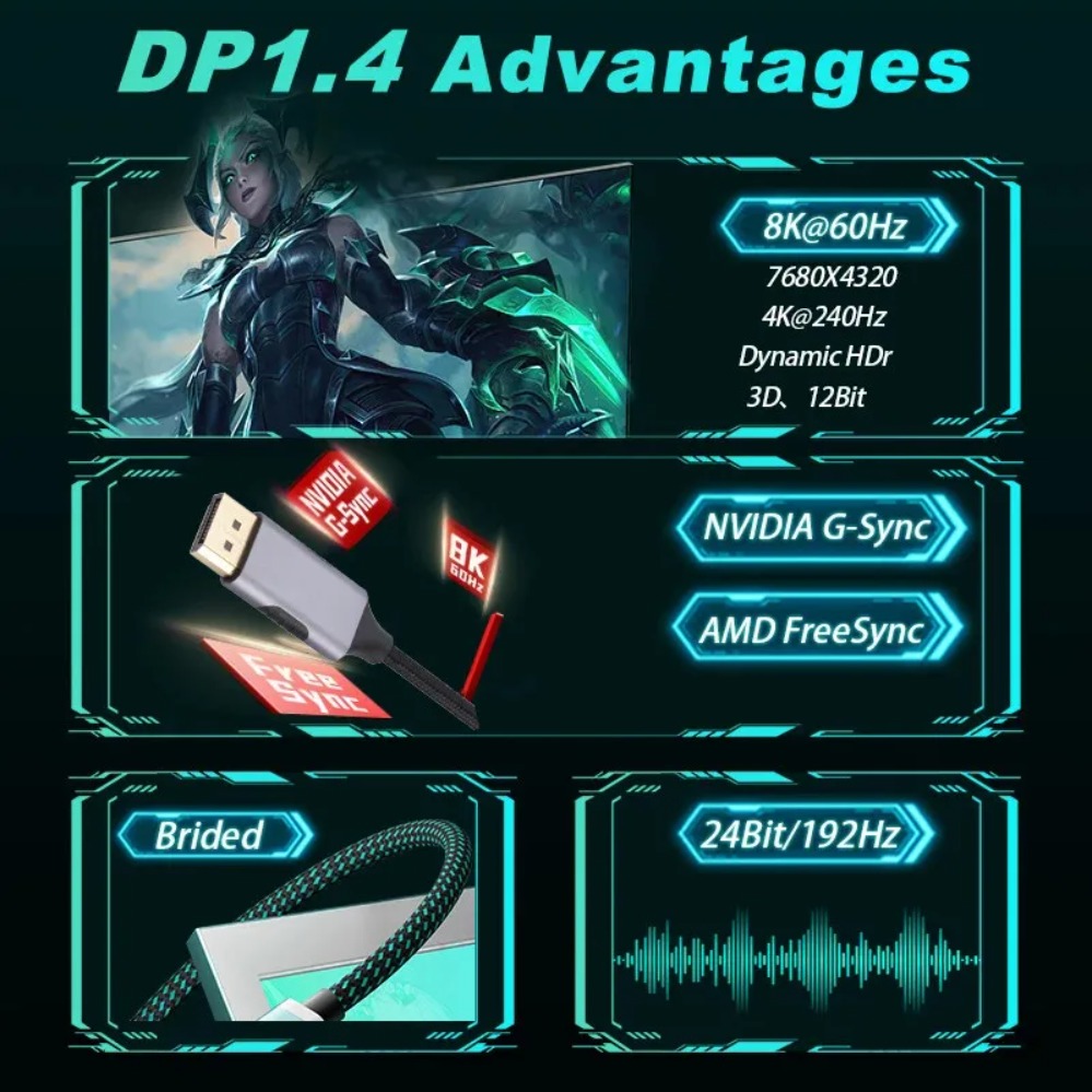 Adaptateur USB C DisplayPort tressé, 8K à 60 Hz Adaptateur USB C DisplayPort tressé, 8K à 60 Hz, detail