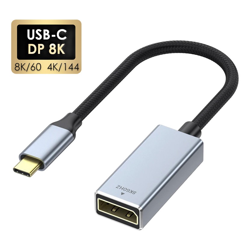 Adaptateur USB C DisplayPort tressé en 8K à 60 Hz Adaptateur USB C DisplayPort tressé en 8K à 60 Hz, vue de trois quarts