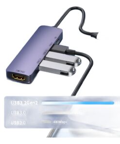 Adaptateur USB C HDMI 4 en 1, métal, avec charge et données, vue de trois quarts