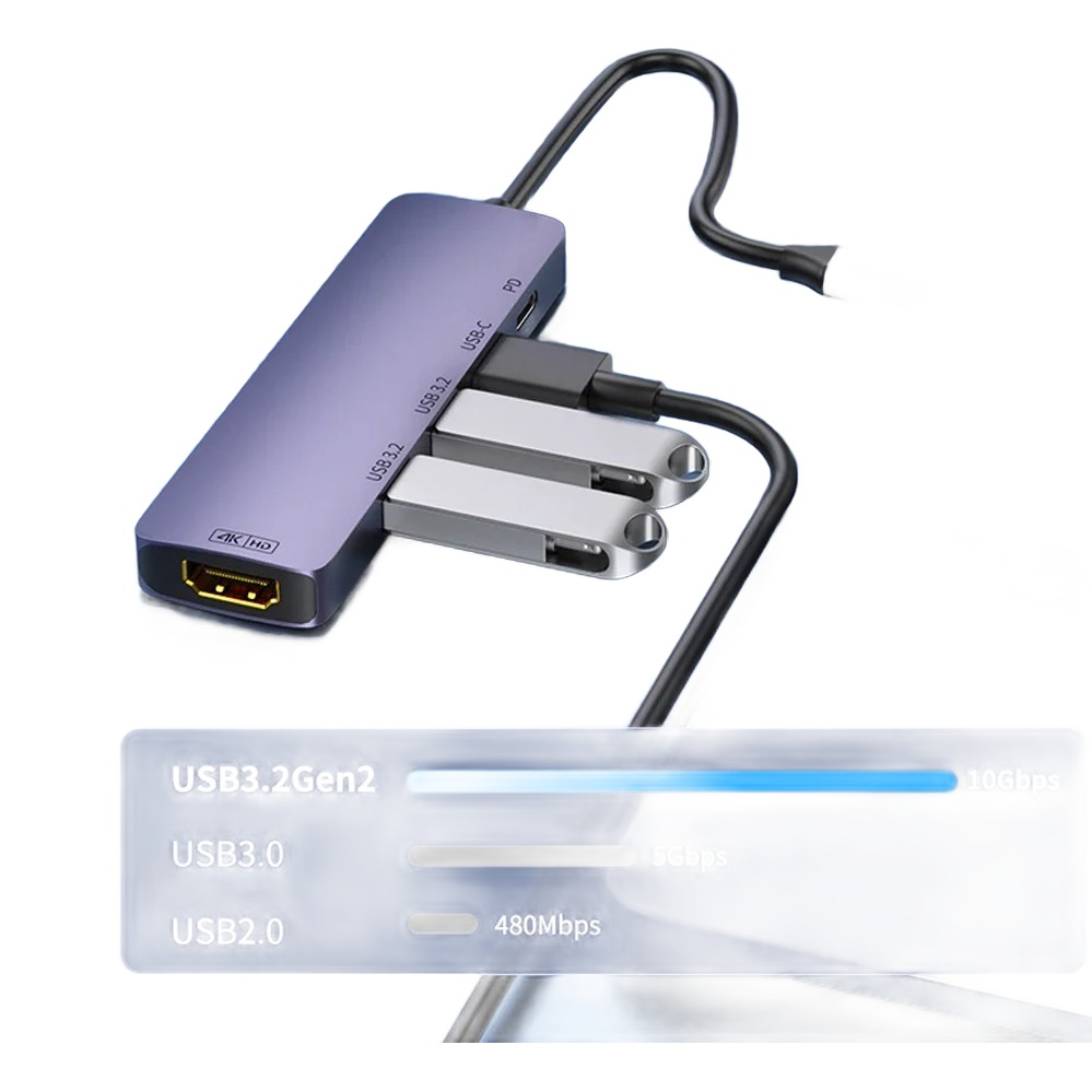 Adaptateur USB C HDMI 4 en 1, métal, avec charge et données Adaptateur USB C HDMI 4 en 1, métal, avec charge et données, vue de trois quarts