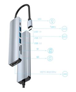 Adaptateur USB C HDMI 4K, hub avec lecteur de cartes et ports USB, vue de trois quarts