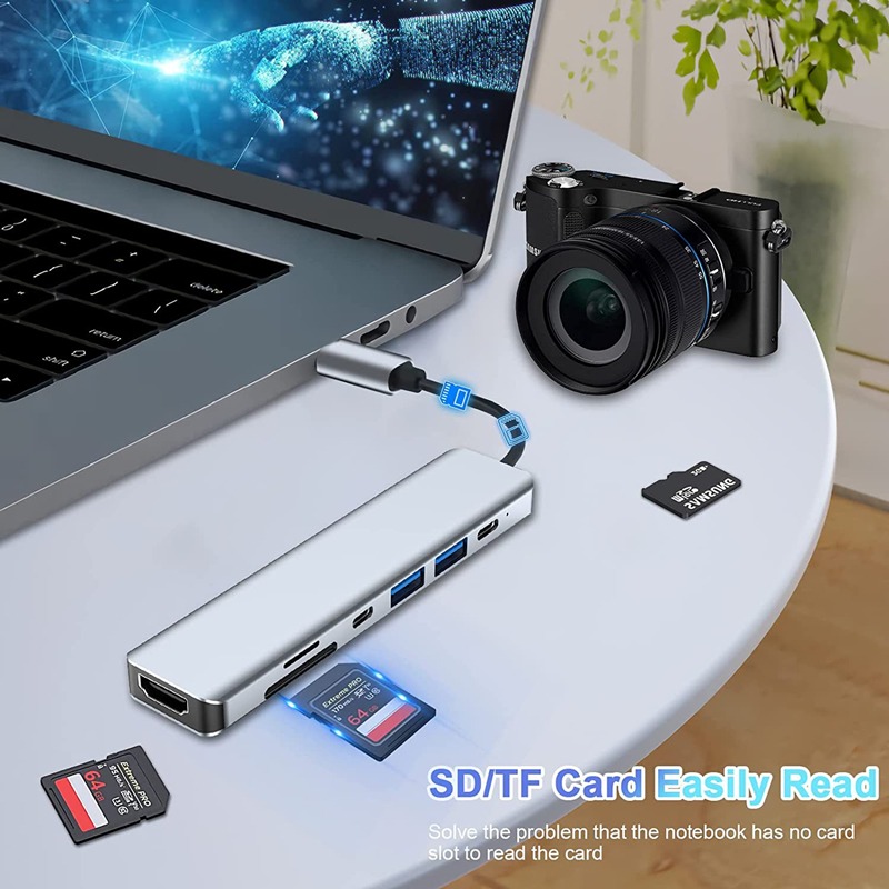 Adaptateur USB C HDMI 4K, hub avec lecteur de cartes et ports USB Adaptateur USB C HDMI 4K, hub avec lecteur de cartes et ports USB, vue de face