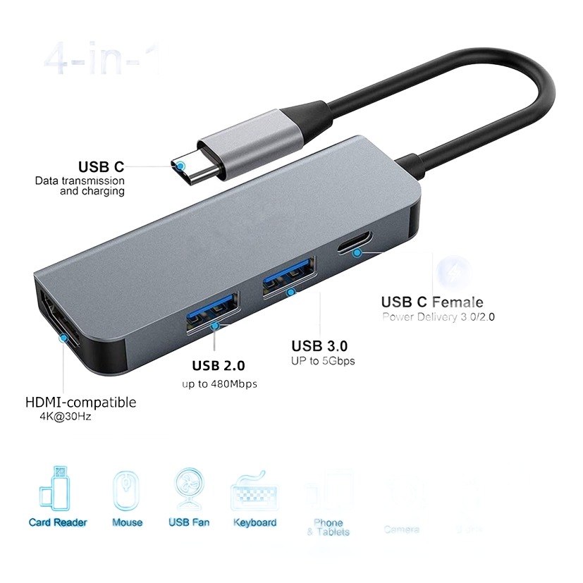 Adaptateur USB C HDMI 4K, hub avec lecteur de cartes et ports USB Adaptateur USB C HDMI 4K, hub avec lecteur de cartes et ports USB, vue arriere