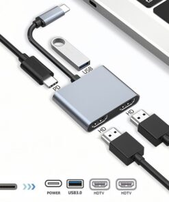 Adaptateur USB C HDMI à double sortie, boîtier en métal, vue de trois quarts