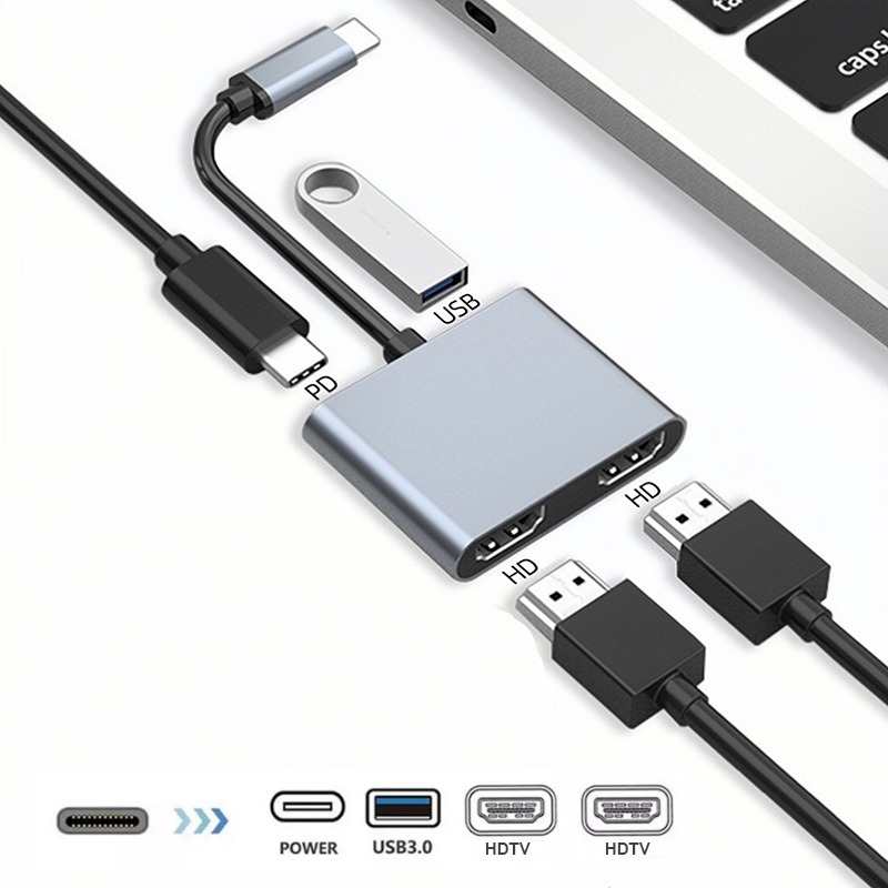 Adaptateur USB C HDMI à double sortie, boîtier en métal Adaptateur USB C HDMI à double sortie, boîtier en métal, vue de trois quarts