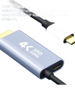 Adaptateur USB C HDMI en câble de 1,8 m avec entrée de charge, vue de trois quarts