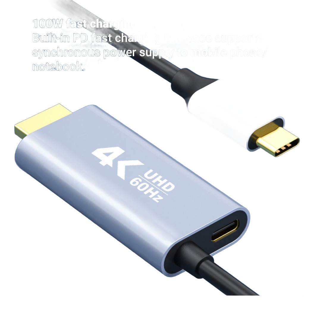 Adaptateur USB C HDMI en câble de 1,8 m avec entrée de charge Adaptateur USB C HDMI en câble de 1,8 m avec entrée de charge, vue de trois quarts