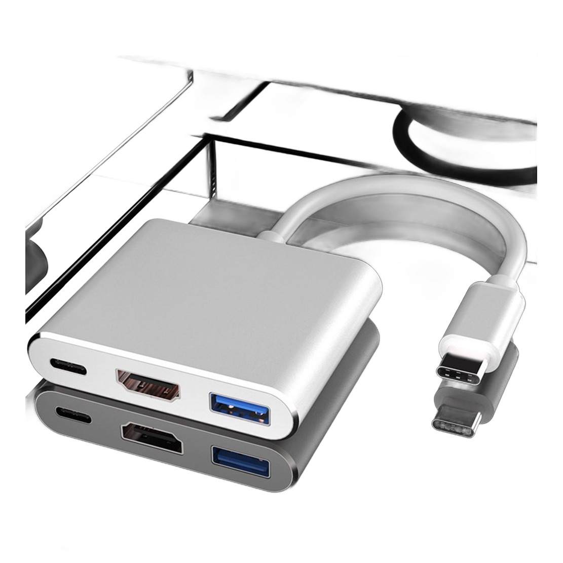 Adaptateur USB C HDMI, trois ports et deux coloris au choix Adaptateur USB C HDMI, trois ports et deux coloris au choix, vue de trois quarts