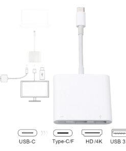 Adaptateur USB c HDMI trois ports, vidéo 4K et USB 3.0, vue de trois quarts