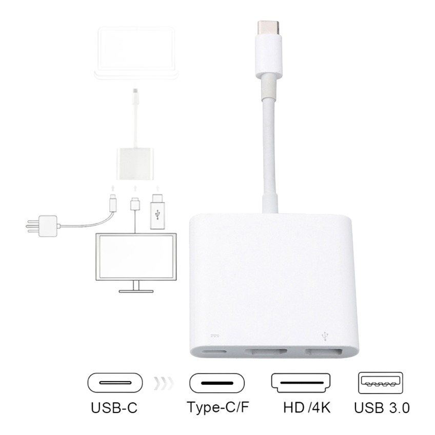 Adaptateur USB c HDMI trois ports, vidéo 4K et USB 3.0 Adaptateur USB c HDMI trois ports, vidéo 4K et USB 3.0, vue de trois quarts