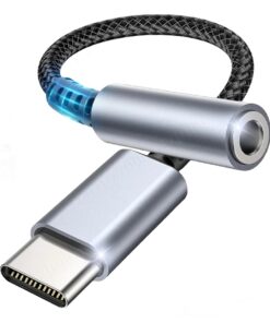Adaptateur USB C jack 3,5 mm à câble tressé pour écouteurs, vue de trois quarts