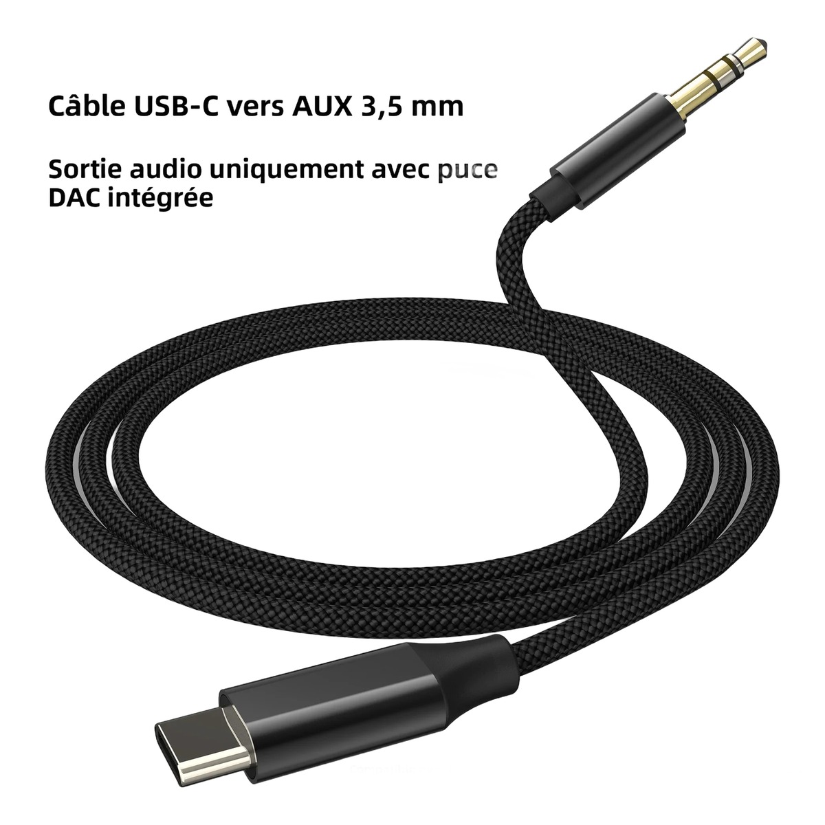 Adaptateur USB C jack 3,5 mm avec convertisseur intégré Adaptateur USB C jack 3,5 mm avec convertisseur intégré, vue de trois quarts