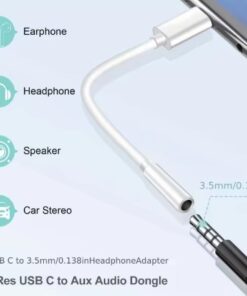 Adaptateur USB C jack 3,5 mm pour casque et écouteurs filaires, vue de trois quarts