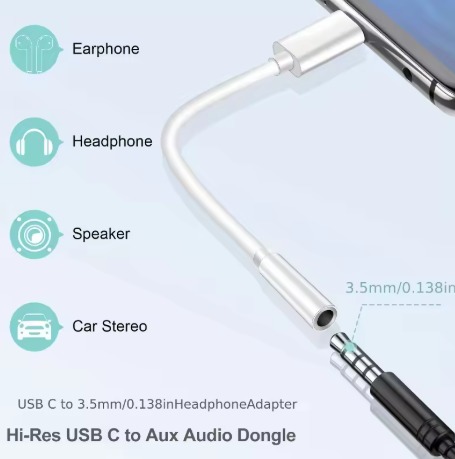 Adaptateur USB C jack 3,5 mm pour casque et écouteurs filaires Adaptateur USB C jack 3,5 mm pour casque et écouteurs filaires, vue de trois quarts