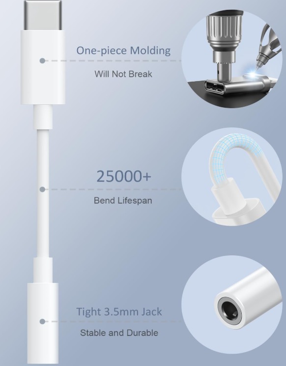 Adaptateur USB C jack 3,5 mm pour casque et écouteurs filaires Adaptateur USB C jack 3,5 mm pour casque et écouteurs filaires, vue de face