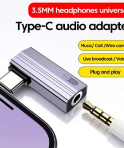 Adaptateur USB C jack a double entree pour telephone et PC, vue de trois quarts