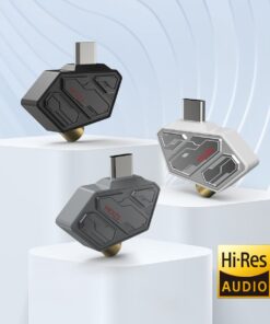 Adaptateur USB C jack avec convertisseur audio dédié, vue de trois quarts