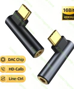 Adaptateur USB C jack coudé à 90 degrés pour écouteurs, gris ou noir, vue de trois quarts