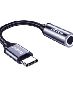 Adaptateur USB C jack en cable tresse gris fonce, vue de trois quarts