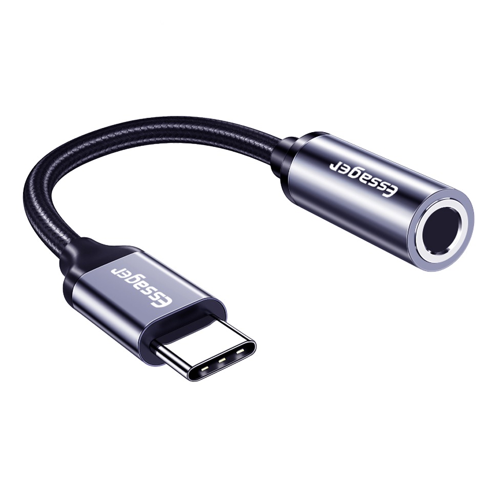 Adaptateur USB C jack en cable tresse gris fonce Adaptateur USB C jack en cable tresse gris fonce, vue de trois quarts