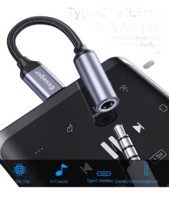 Adaptateur USB C jack en cable tresse gris fonce, vue de face