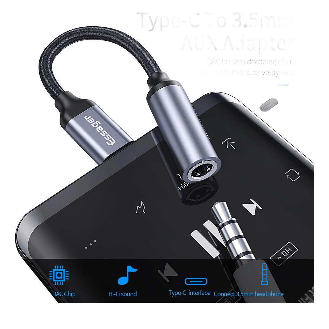 Adaptateur USB C jack en cable tresse gris fonce Adaptateur USB C jack en cable tresse gris fonce, vue de face