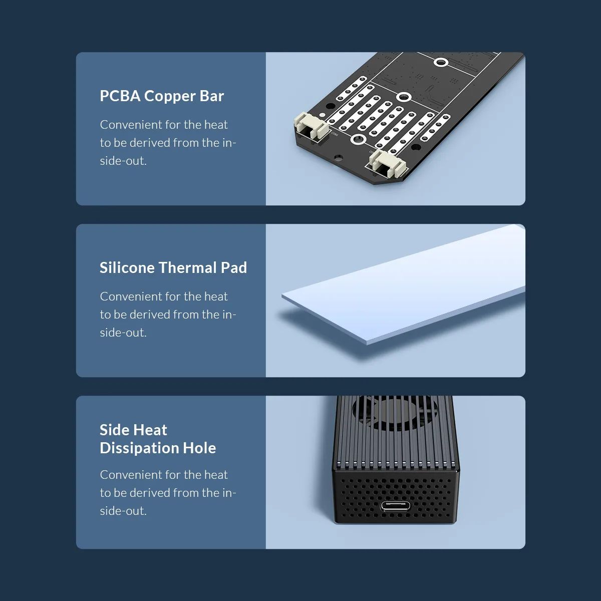 Adaptateur USB-C pour disque NVME avec ventilateur intégré Adaptateur USB-C pour disque NVME avec ventilateur intégré, vue de profil