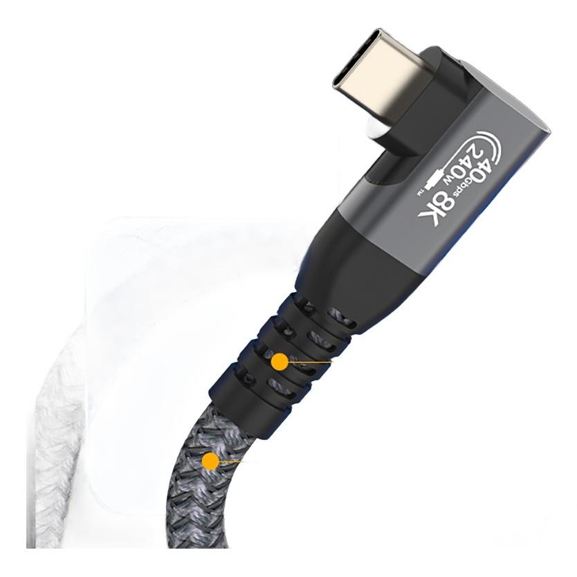 Adaptateur USB-C Thunderbolt coude a 90 degres Adaptateur USB-C Thunderbolt coude a 90 degres, vue de trois quarts