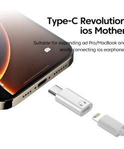 Adaptateur USB-C vers prise Lightning femelle pour écouteurs, vue de trois quarts