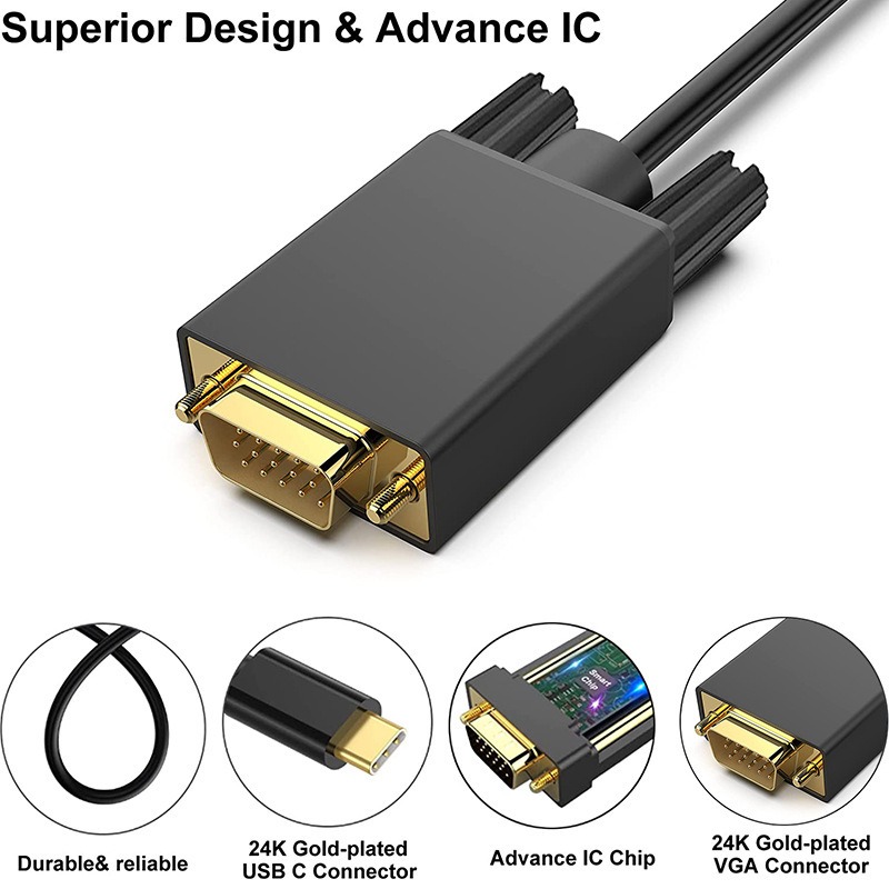 Adaptateur USB-C vers VGA, en câble de 1,8 m ou court Adaptateur USB-C vers VGA, en câble de 1,8 m ou court, detail