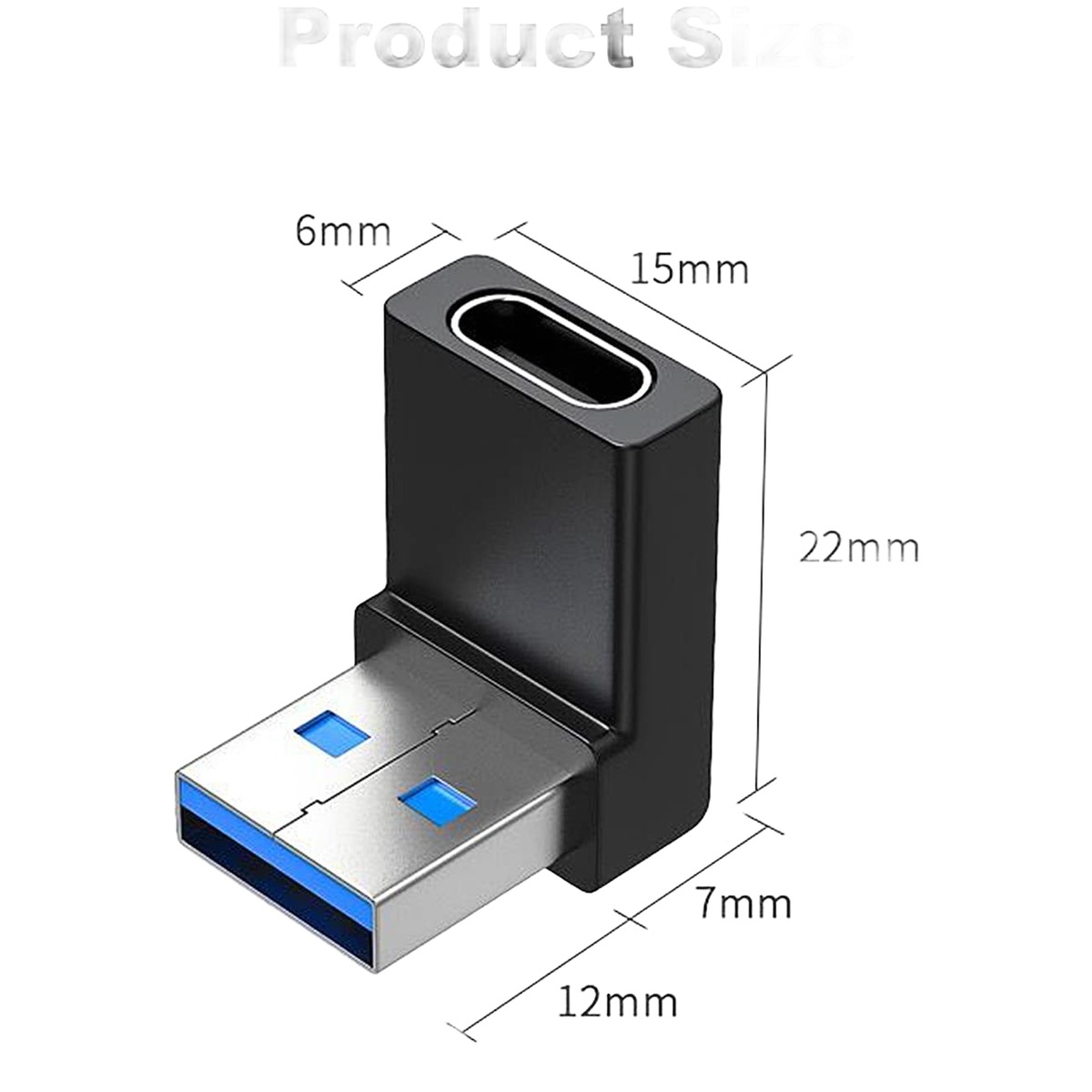 Adaptateur USB USB C coudé à 90 degrés pour ports encombrés Adaptateur USB USB C coudé à 90 degrés pour ports encombrés, vue de trois quarts